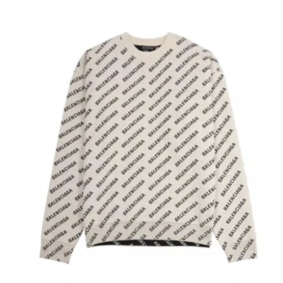 NWT Balenciaga Crewneck Knit Sweater White Cotton Wool Allover Mini Logo Sz M - Picture 2 of 11